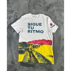 Bacardi Sigue Tu Ritmo Promo T-Shirt L White Tropical Palm‎ Trees Rum